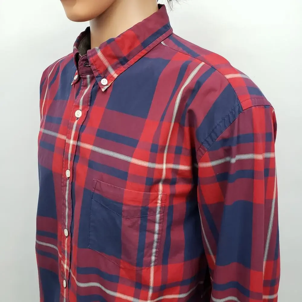 J. CREW Tartan Plaid Shirt Men XL Red Navy Multicolor Long Sleeve Button Down